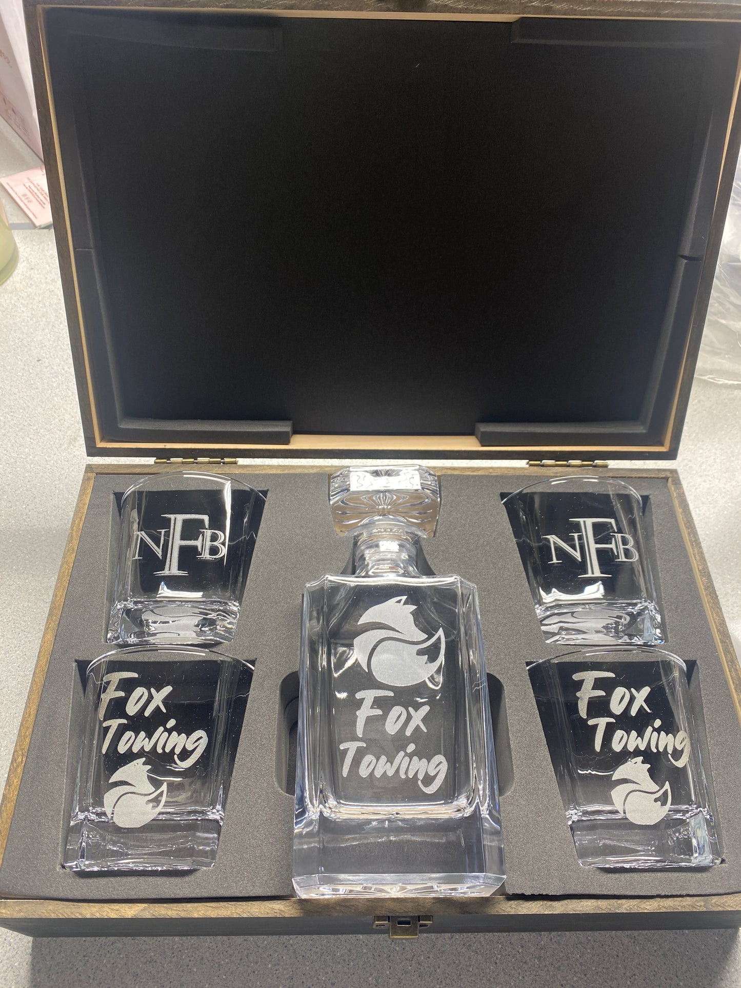 Custom Engraved Decanter Gift Set in a Premium Black Wood Box